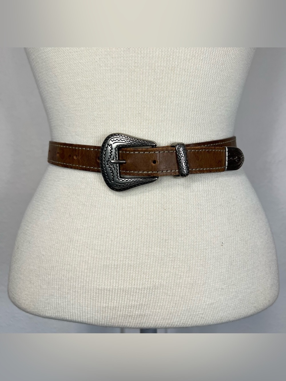 Brown Leather Western Belt with Silver Buckle - Picture 1 of 16